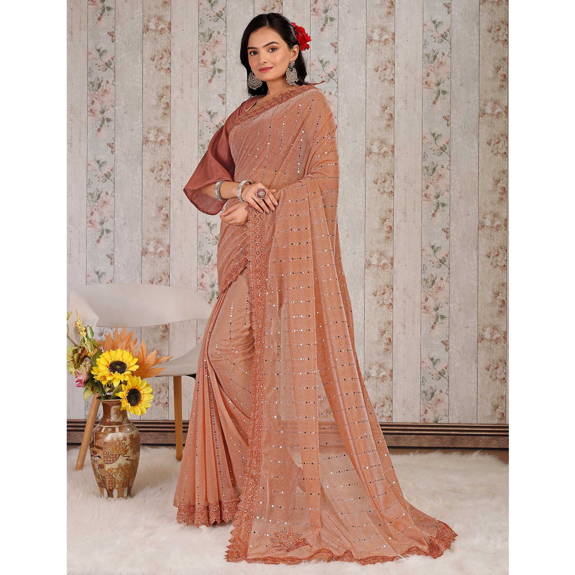 Dusty Peach Tikali With Floral Embroidered Lycra Saree