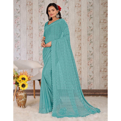 Blue Tikali With Floral Embroidered Lycra Saree