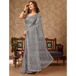 Grey Zig Zag Printed With Stone Work Organza Ready To Wear Saree