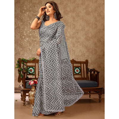 Grey Zig Zag Printed With Stone Work Organza Ready To Wear Saree