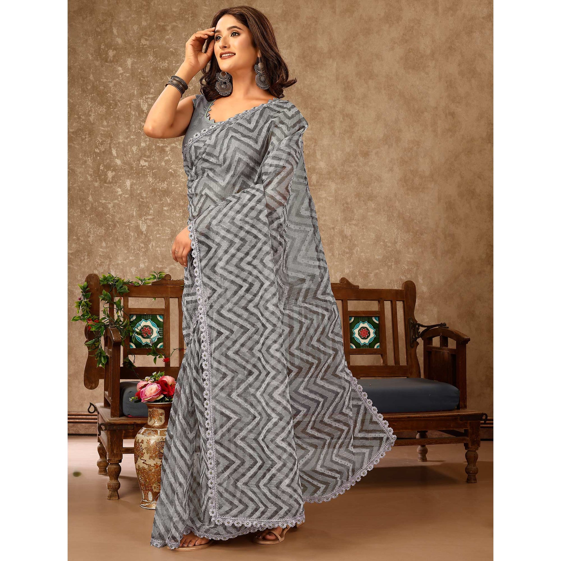 Grey Zig Zag Printed With Stone Work Organza Ready To Wear Saree