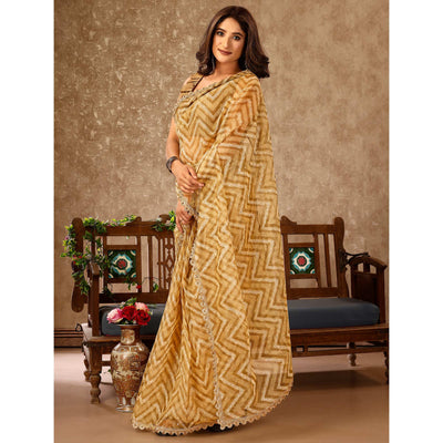 Chikoo Zig Zag Printed With Stone Work Organza Ready To Wear Saree