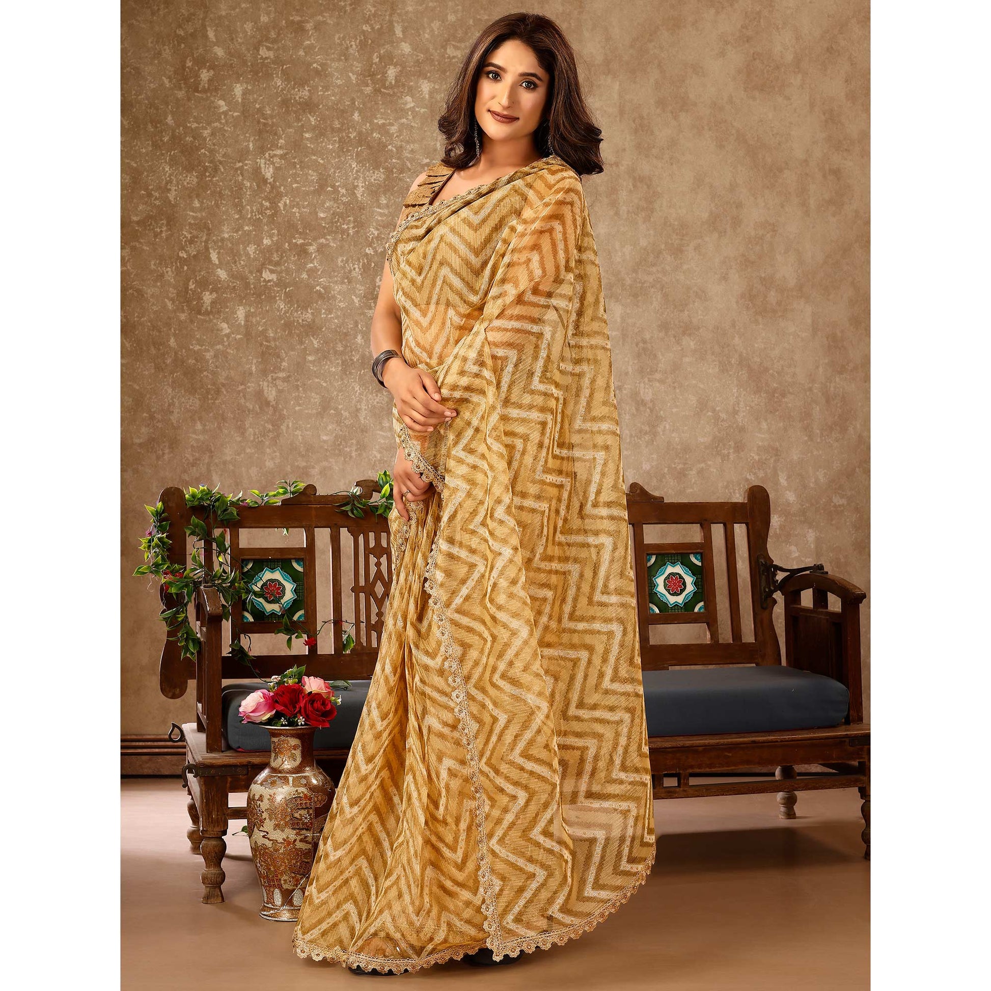 Chikoo Zig Zag Printed With Stone Work Organza Ready To Wear Saree