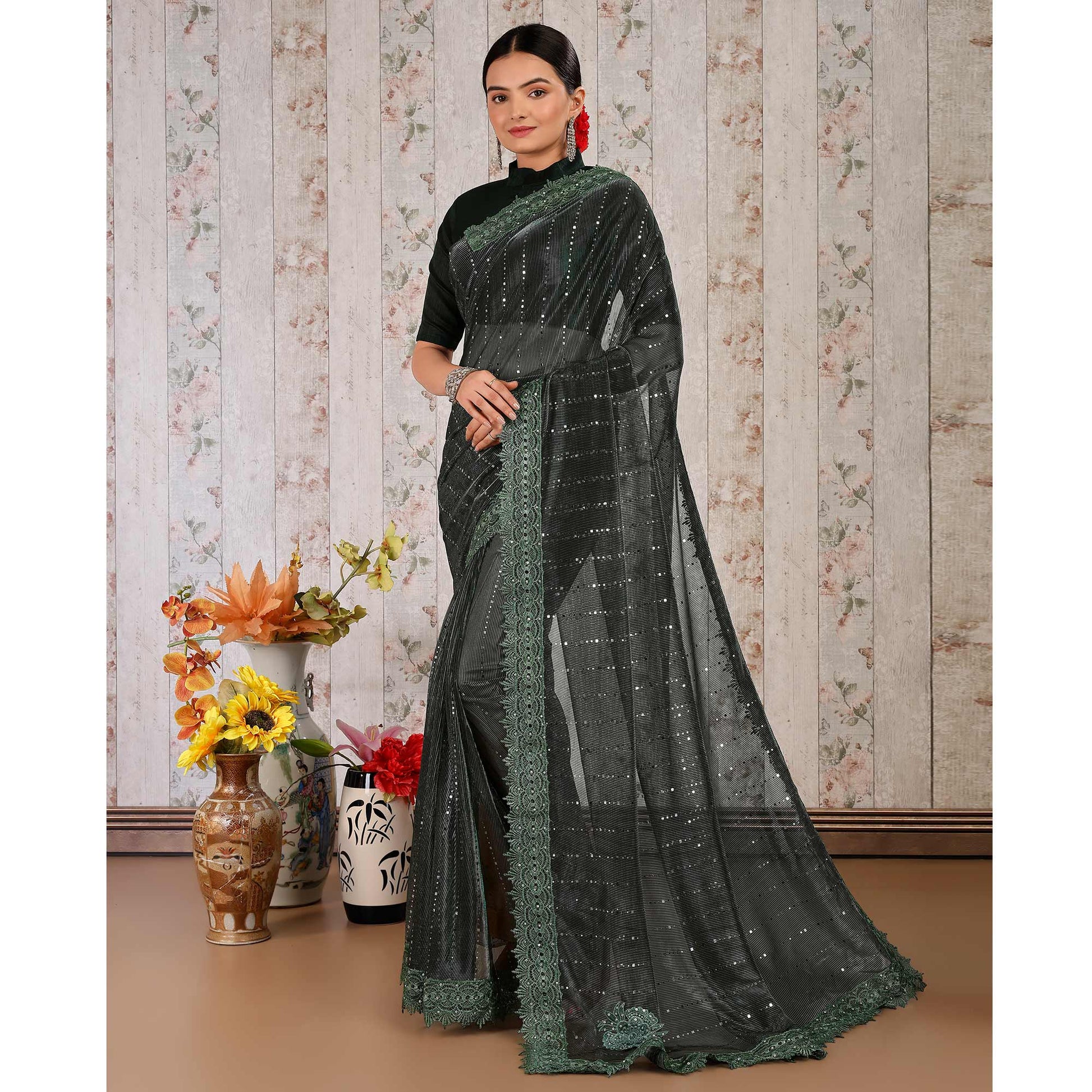 green-tikali-work-lycra-saree-with-embroidered-lace-border