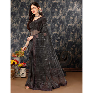 Brown Tikali Work Lycra Saree With Embroidered Lace Border