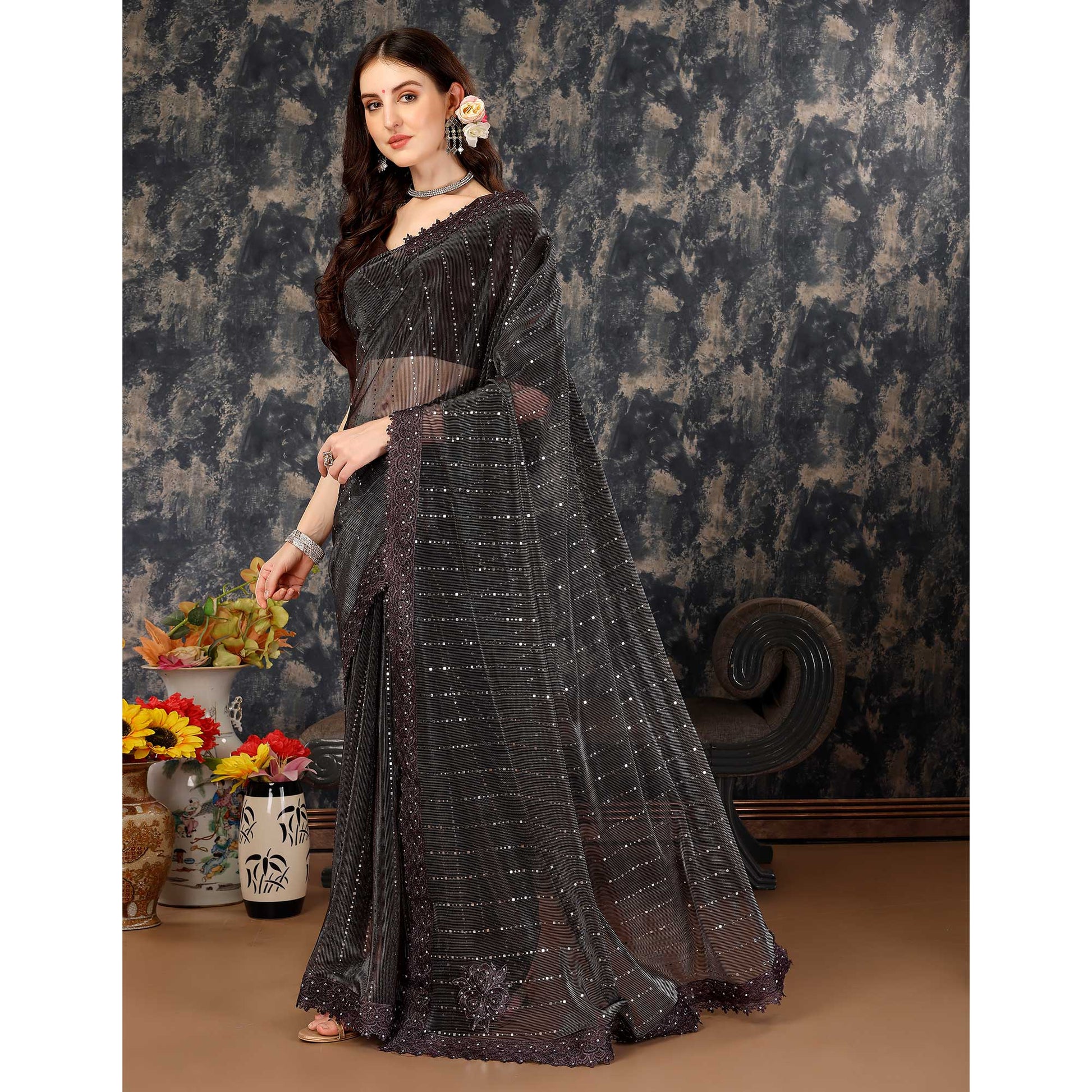 Brown Tikali Work Lycra Saree With Embroidered Lace Border