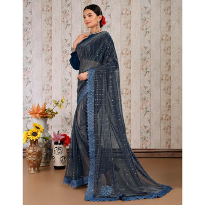 Blue Tikali Work Lycra Saree With Embroidered Lace Border