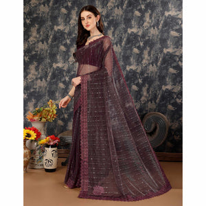 Dark Mauve Tikali Work Lycra Saree With Embroidered Lace Border