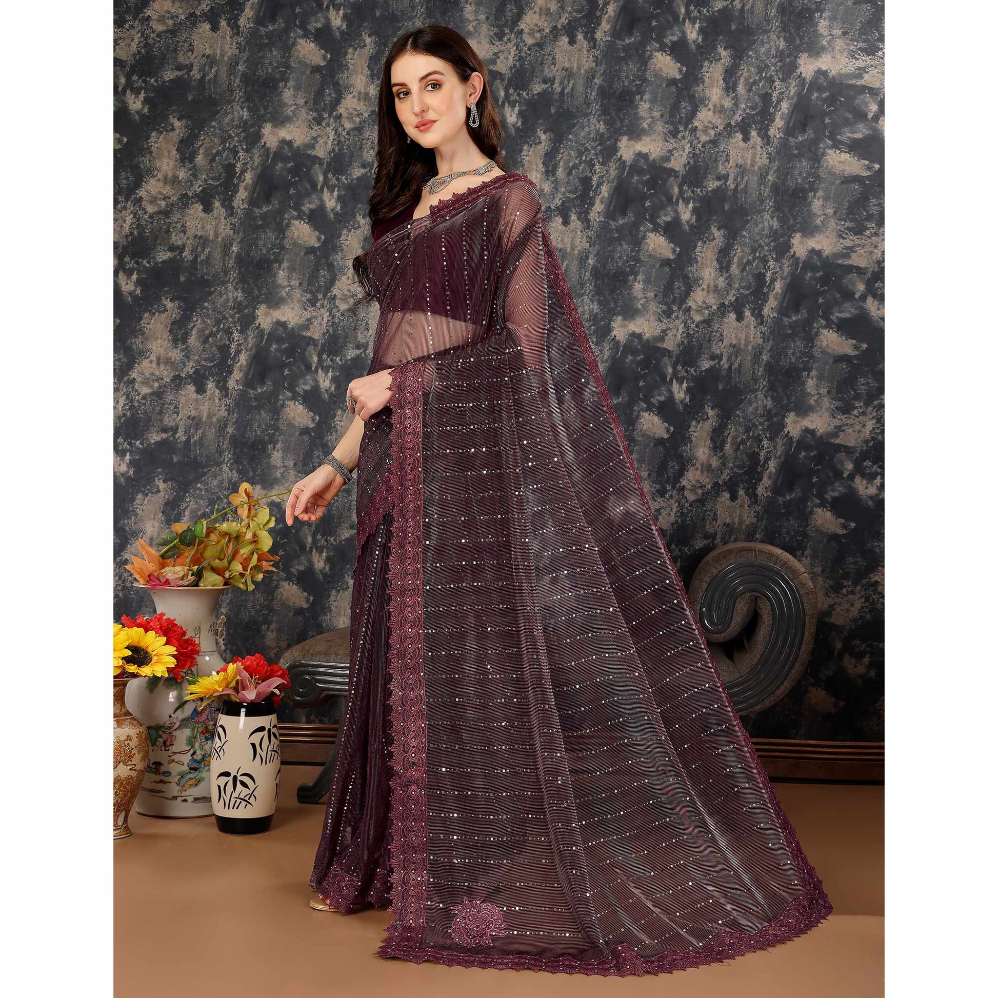 Dark Mauve Tikali Work Lycra Saree With Embroidered Lace Border