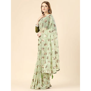 Light Green Floral Foil Printed Rayon Saree