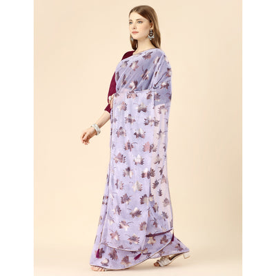 Lavender Floral Foil Printed Rayon Saree