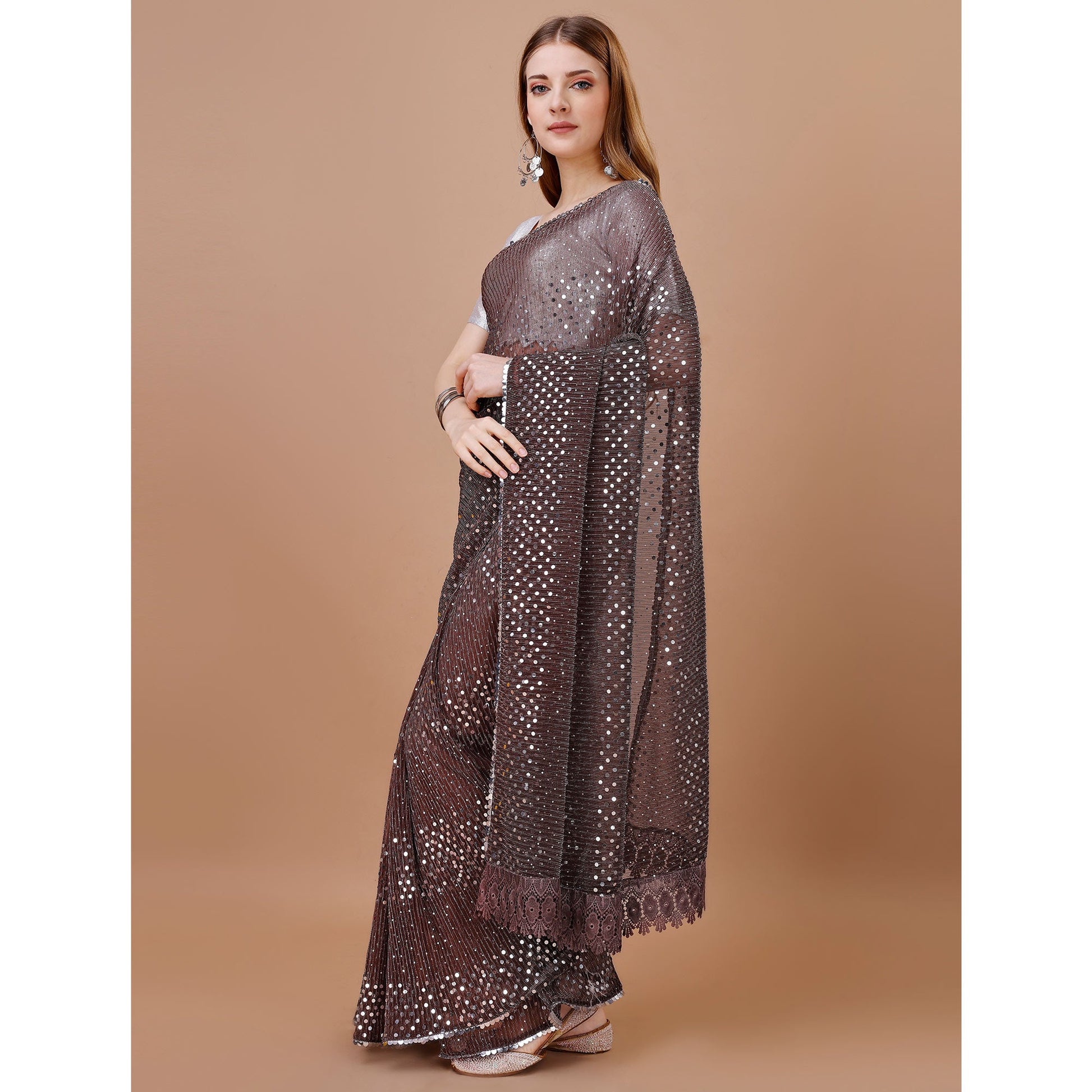 Brown Sequins Embroidered Lycra Saree