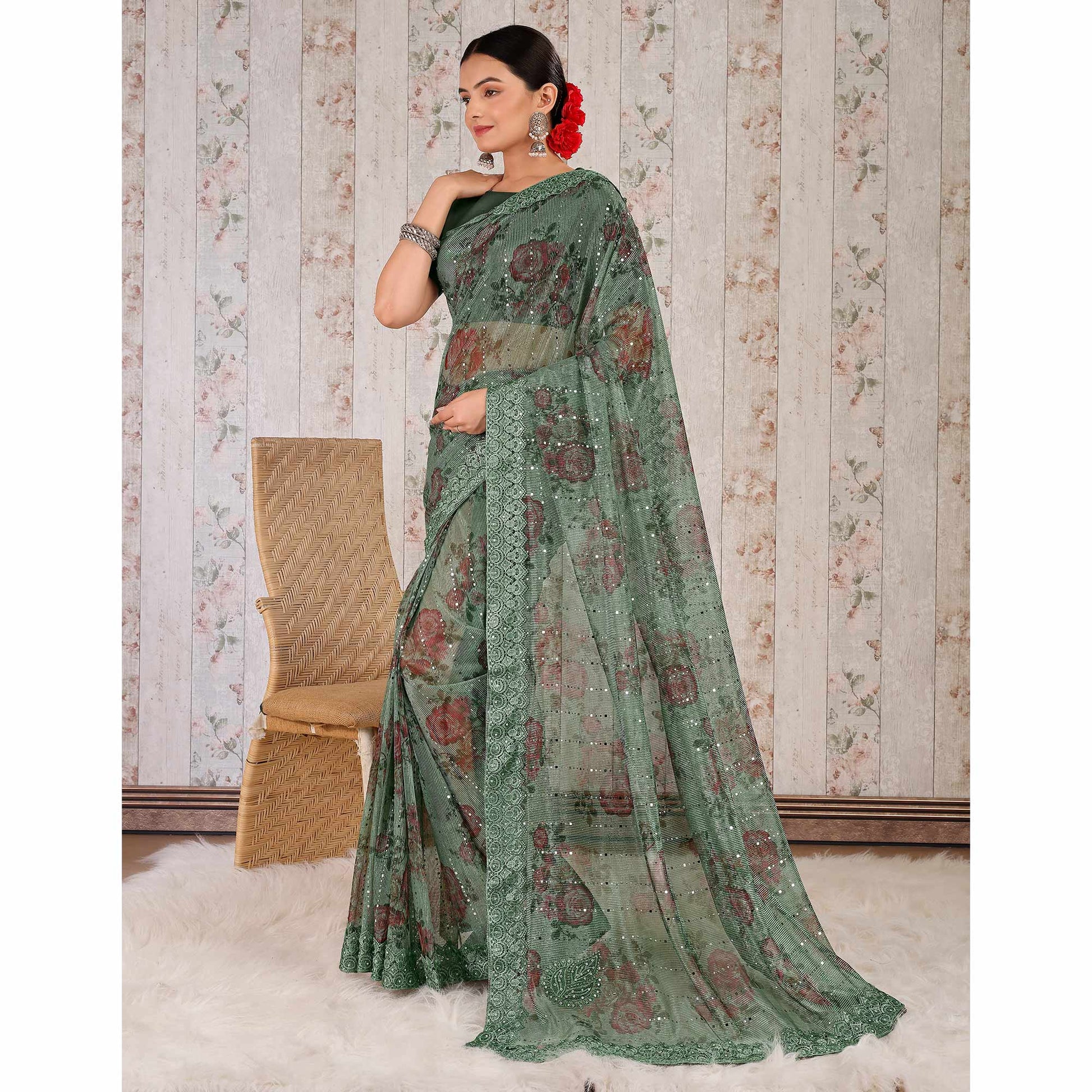 green-floral-digital-printed-lycra-saree-wirh-embroidered-border