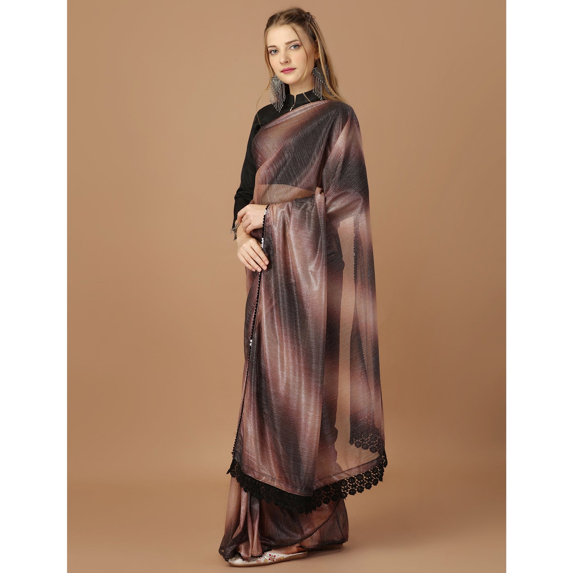Brown Digital Printed Lycra Saree With Lace Border