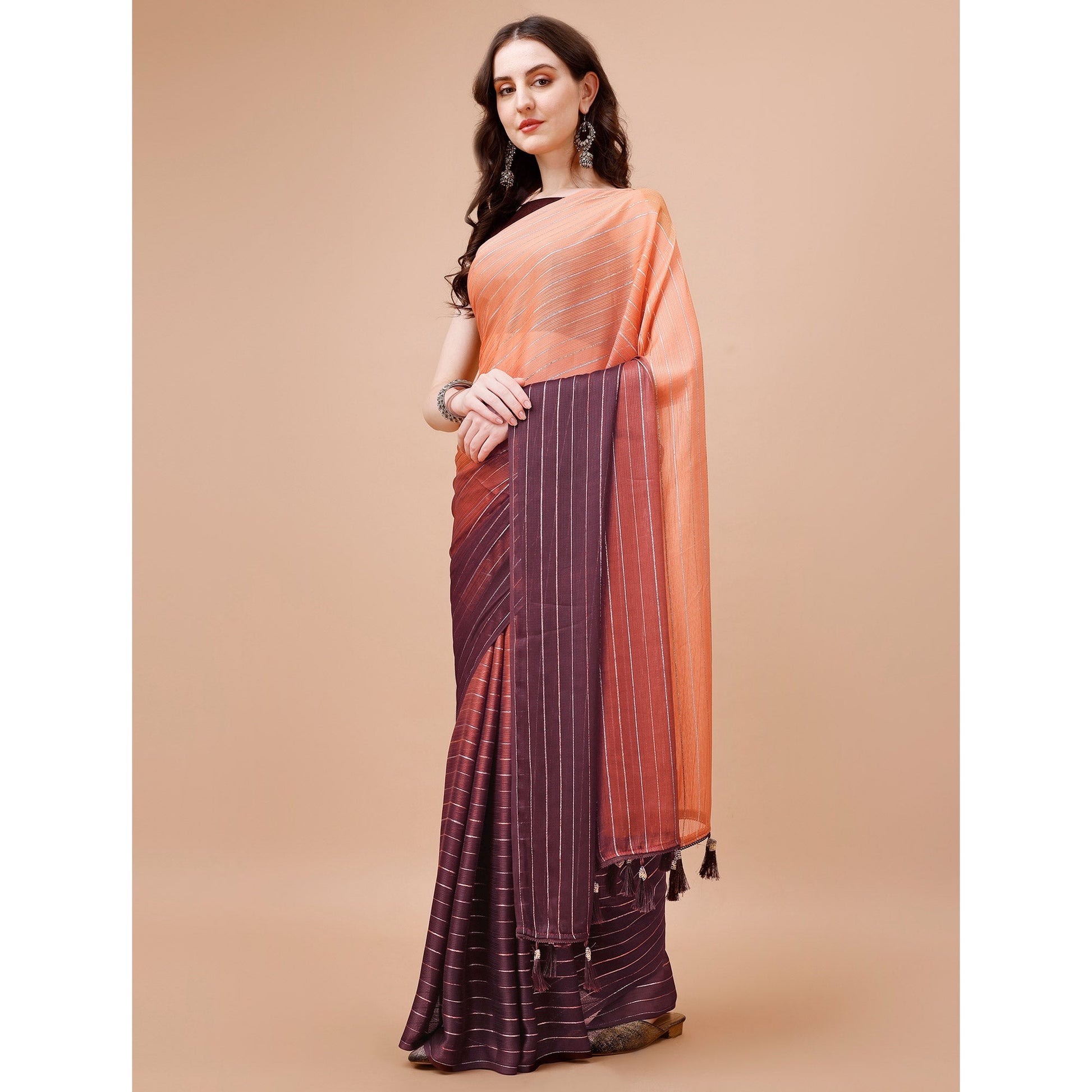 Brown Zari Woven Chiffon Saree