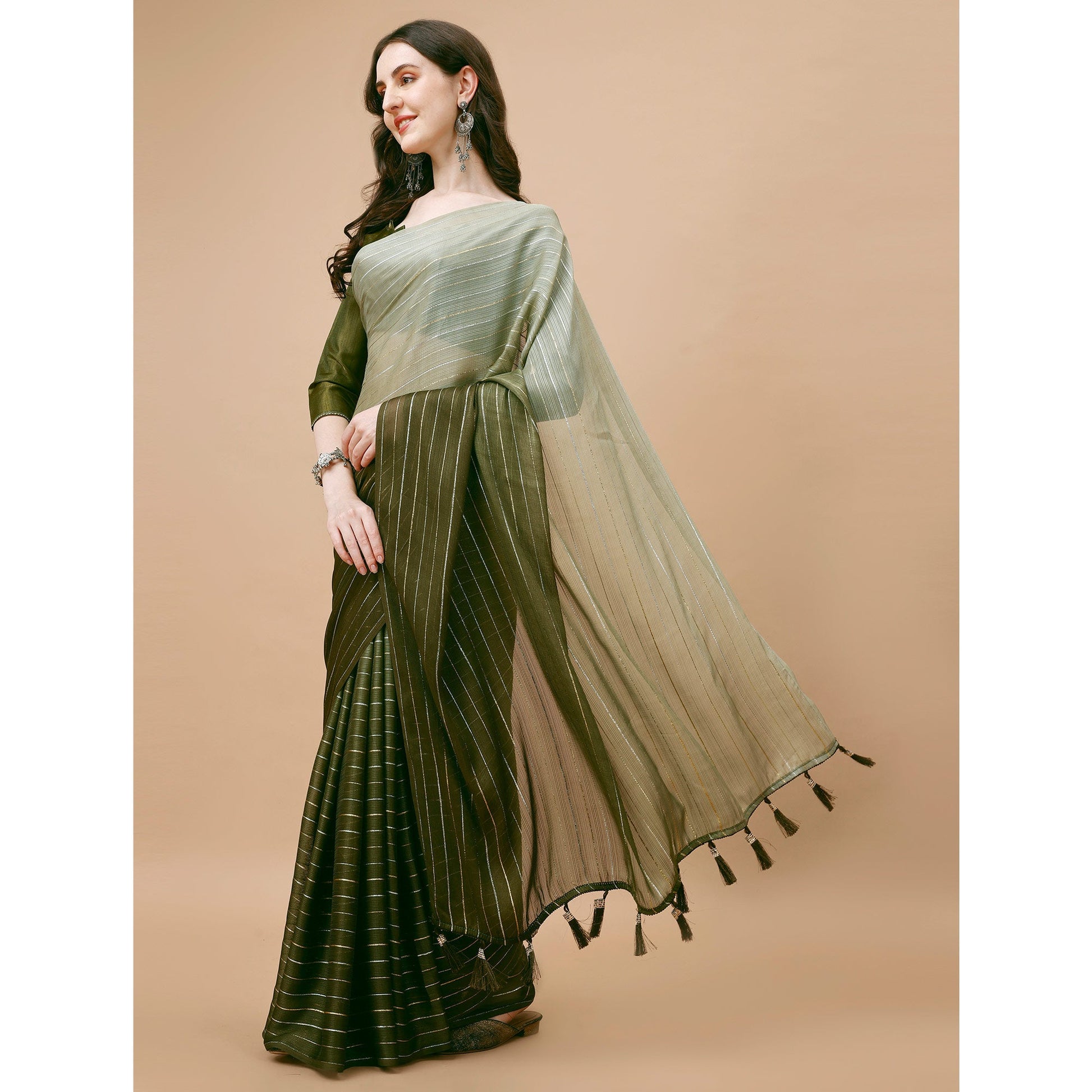 Mehendi Green Zari Woven Chiffon Saree