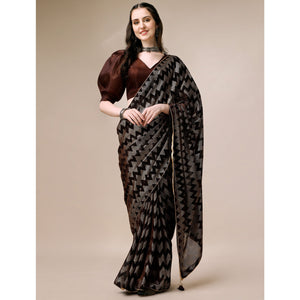 Brown Digital Foil Printed Rayon Saree