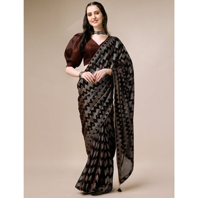 Brown Digital Foil Printed Rayon Saree