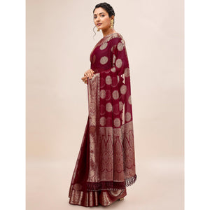 Maroon Woven Chiffon Saree With Tassels
