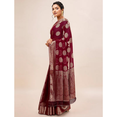 Maroon Woven Chiffon Saree With Tassels
