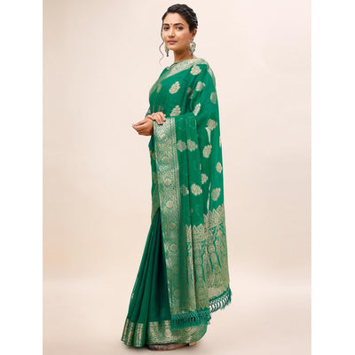green-woven-chiffon-saree-with-tassels-1