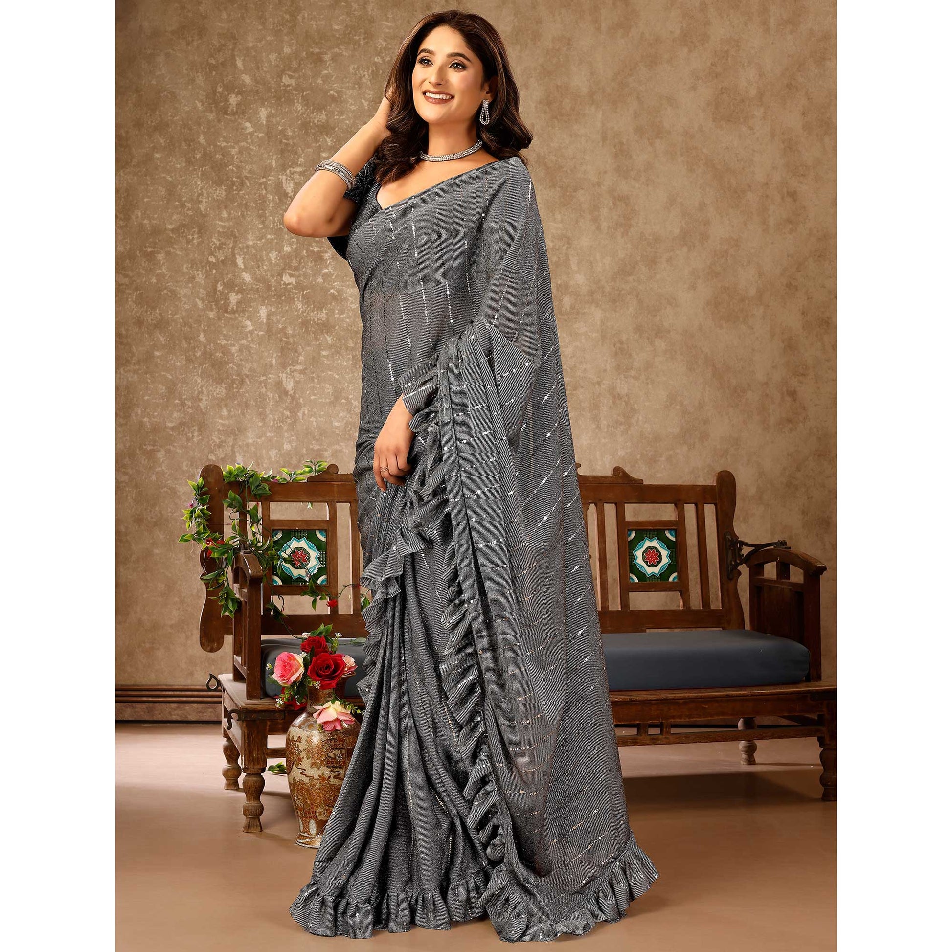 Grey Tikki Work Lycra Ready To Wear Ruffle Saree