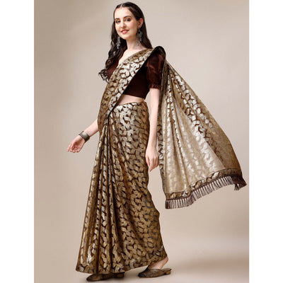 Brown & Gold Foil Printed Rayon Saree