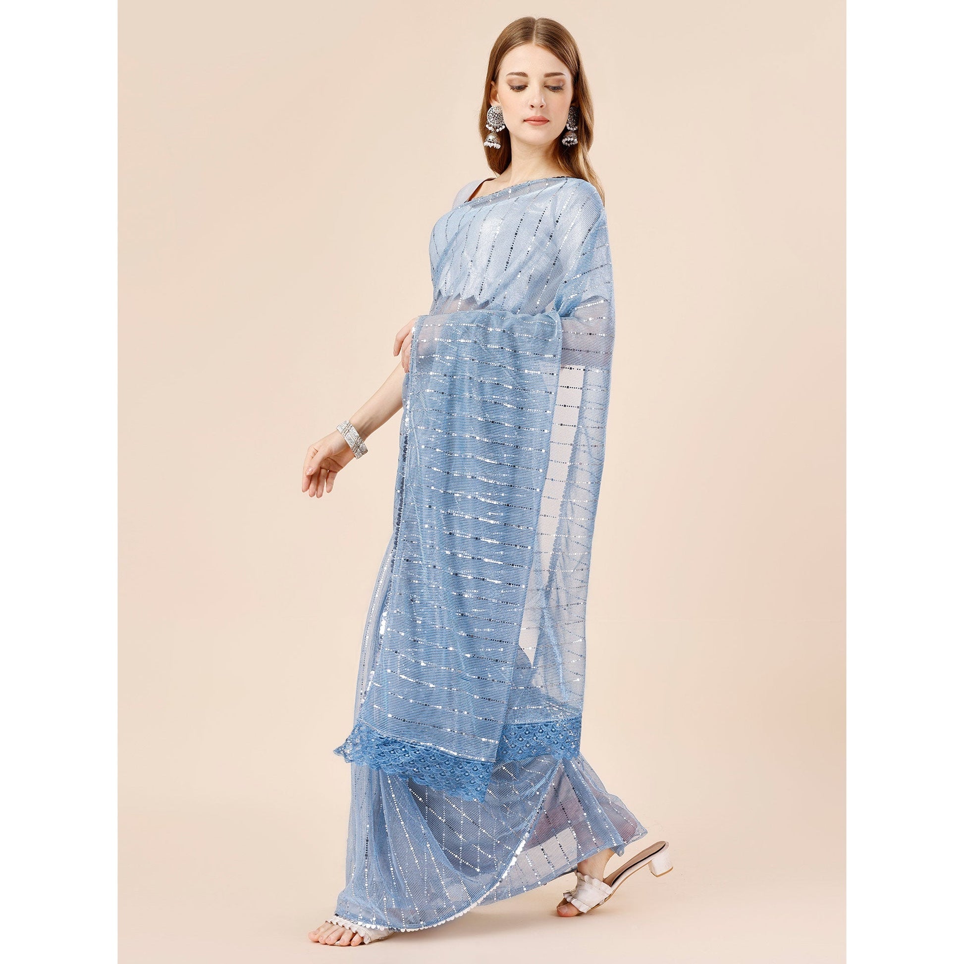 Blue Tikki Work Lycra Saree With Embroidered Border