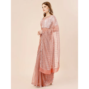 Light Brown Tikki Work Lycra Saree With Embroidered Border