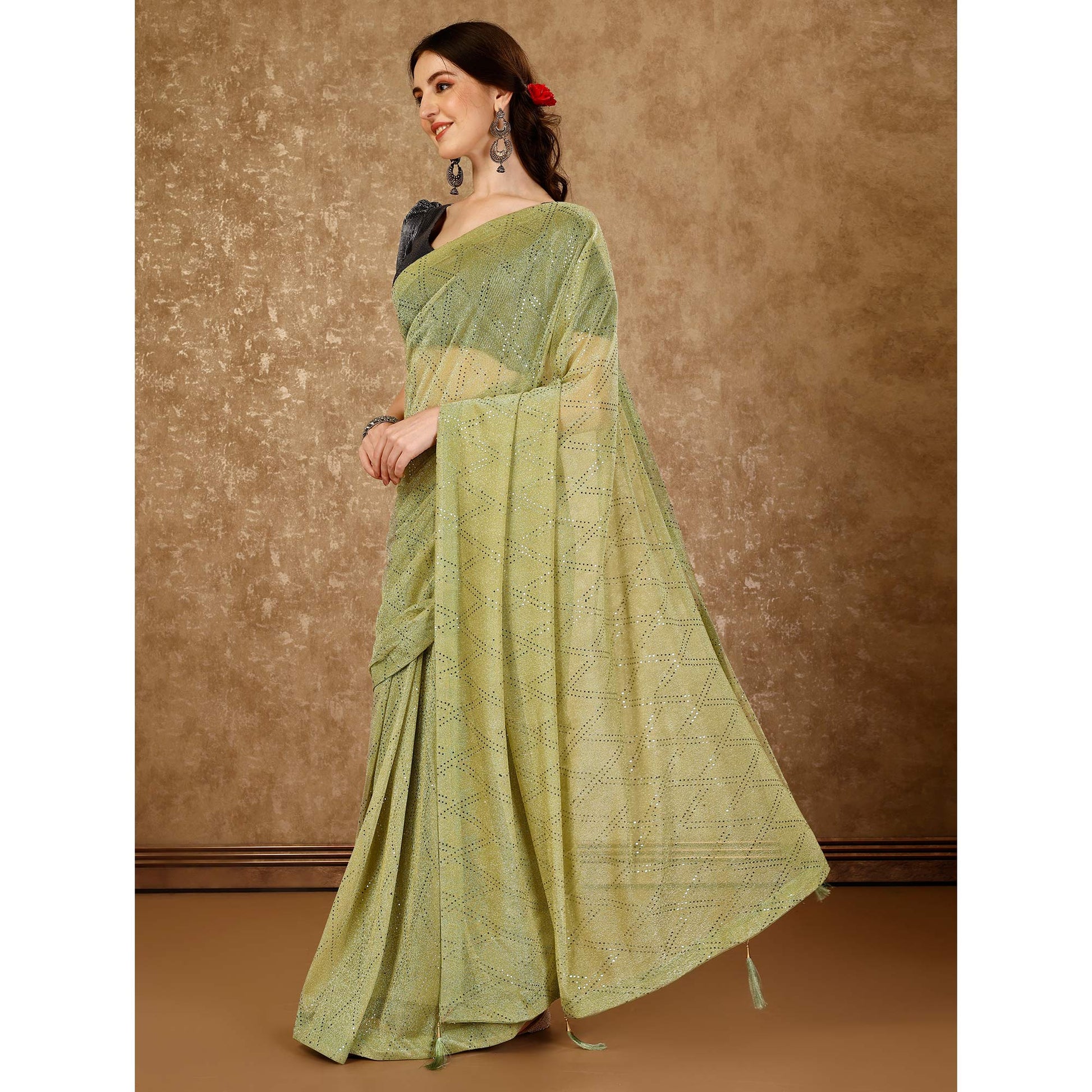 green-tikali-work-lycra-saree-with-tassels-1