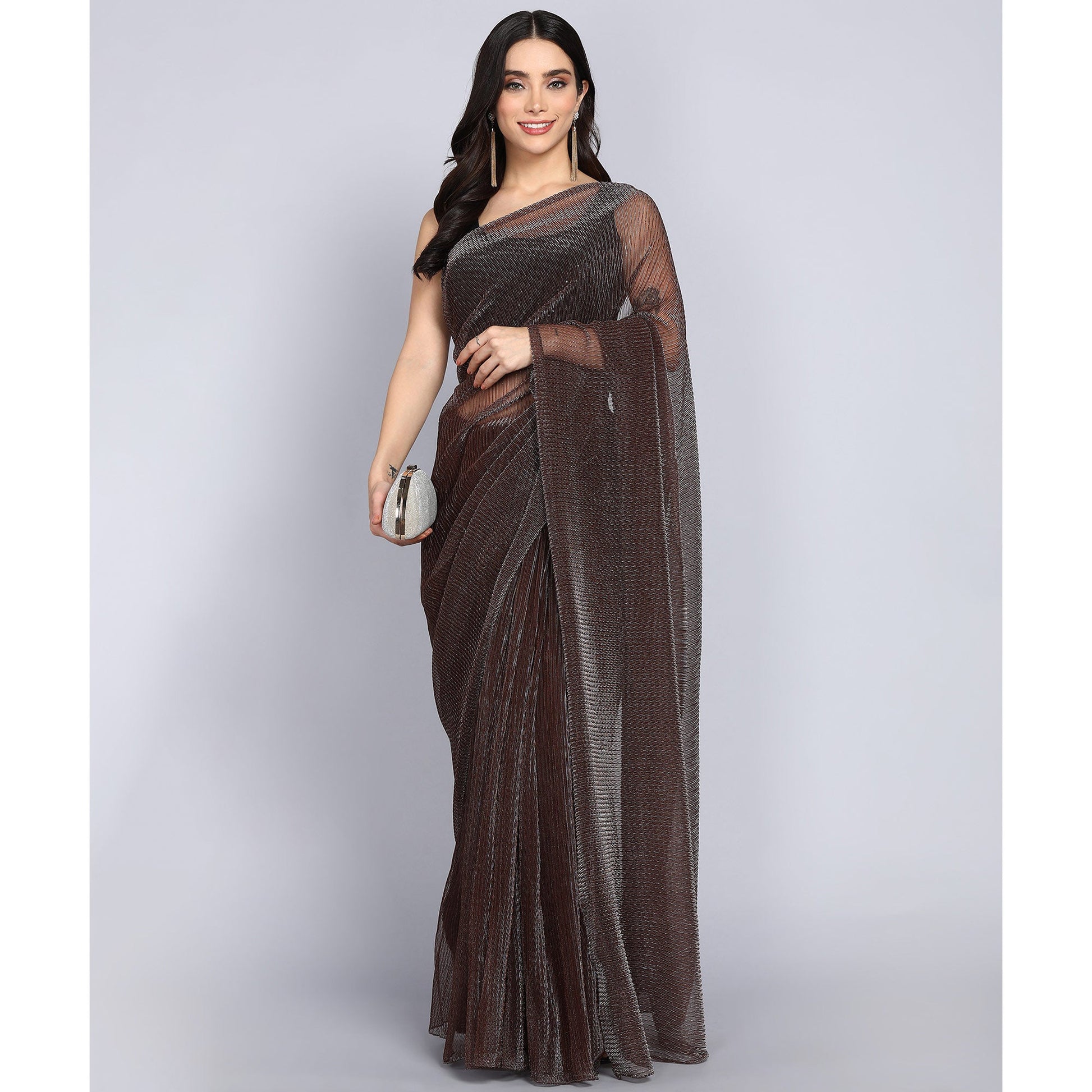 Brown Solid Lycra Crush Saree
