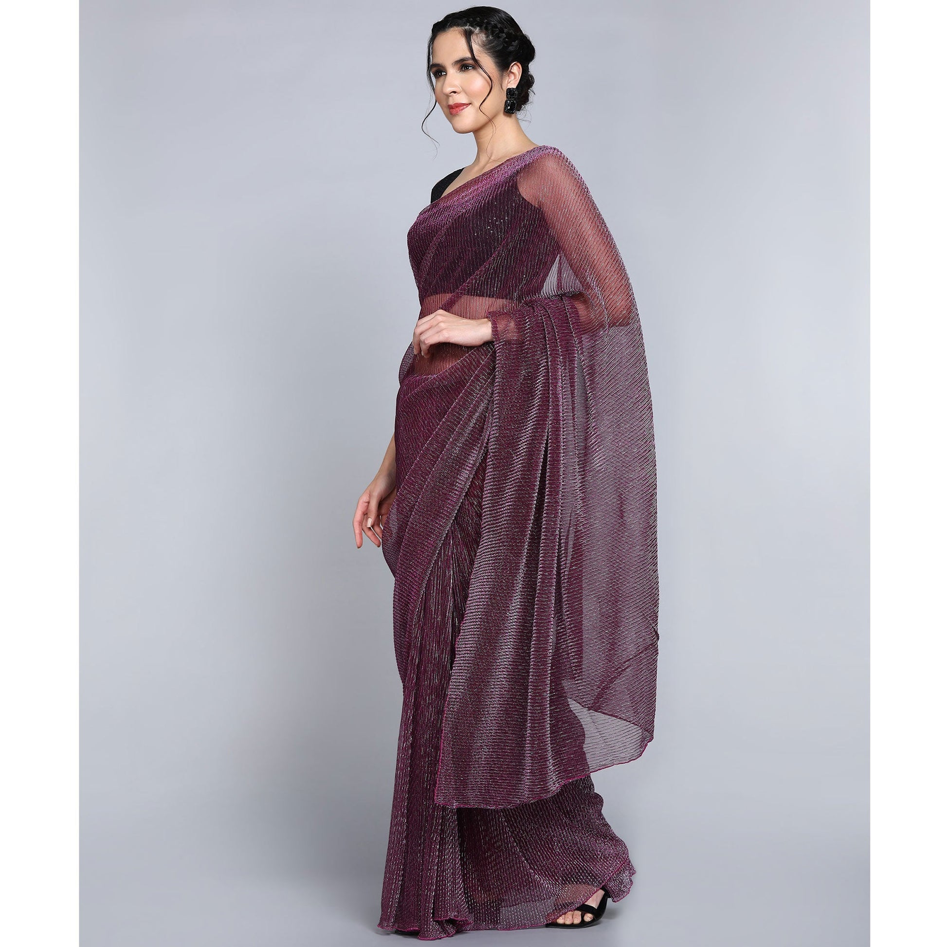 Dark Mauve Solid Lycra Crush Saree