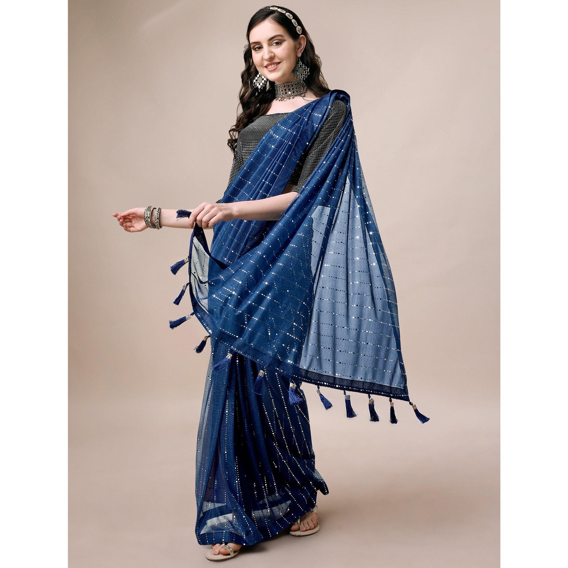 Blue Striped Foil Printed Rayon Saree