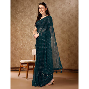 Bottle Green Tikali Work Lycra Saree With Tassels