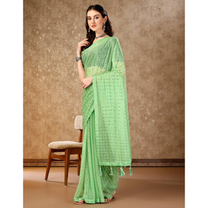 Light Green Tikali Work Lycra Saree With Tassels