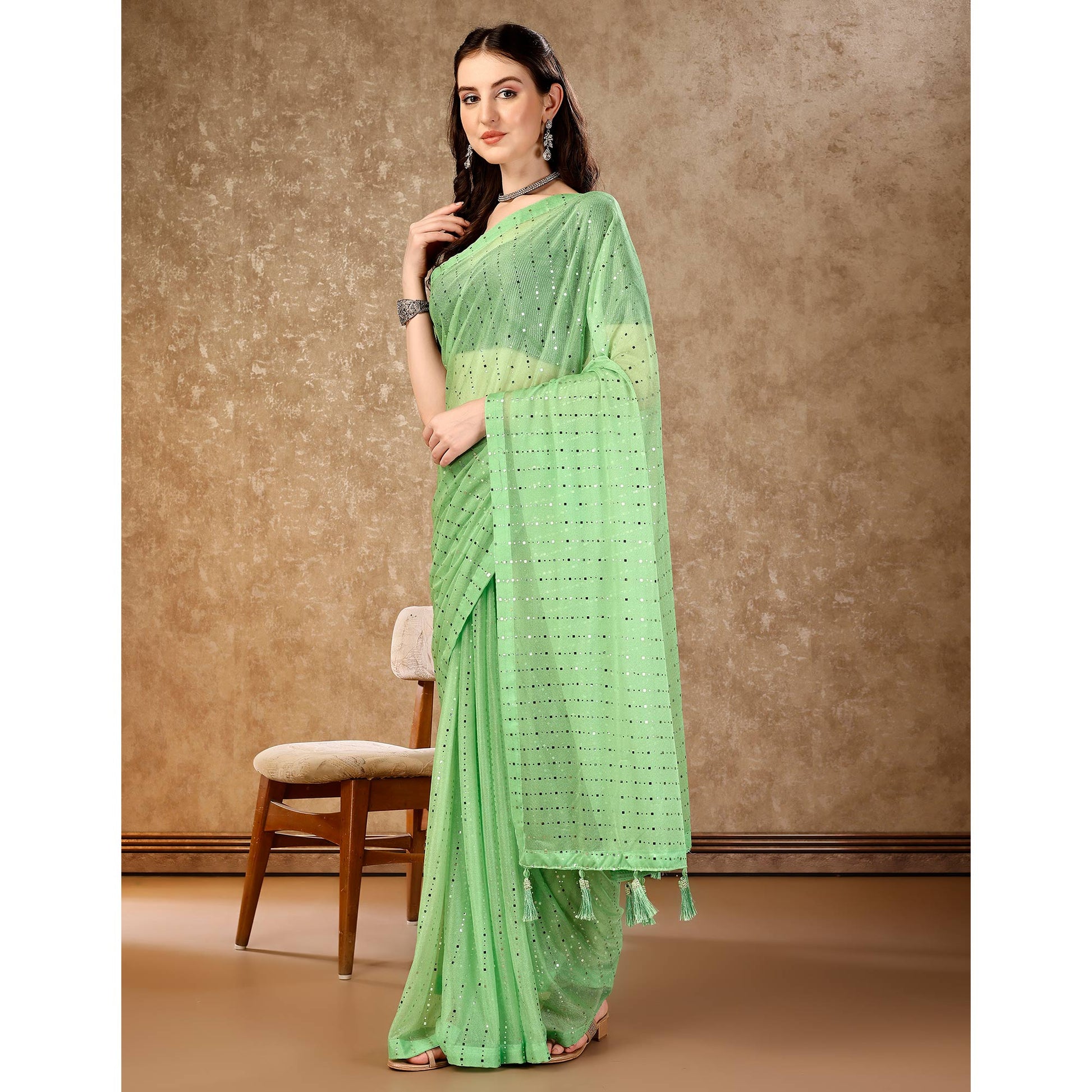 Light Green Tikali Work Lycra Saree With Tassels