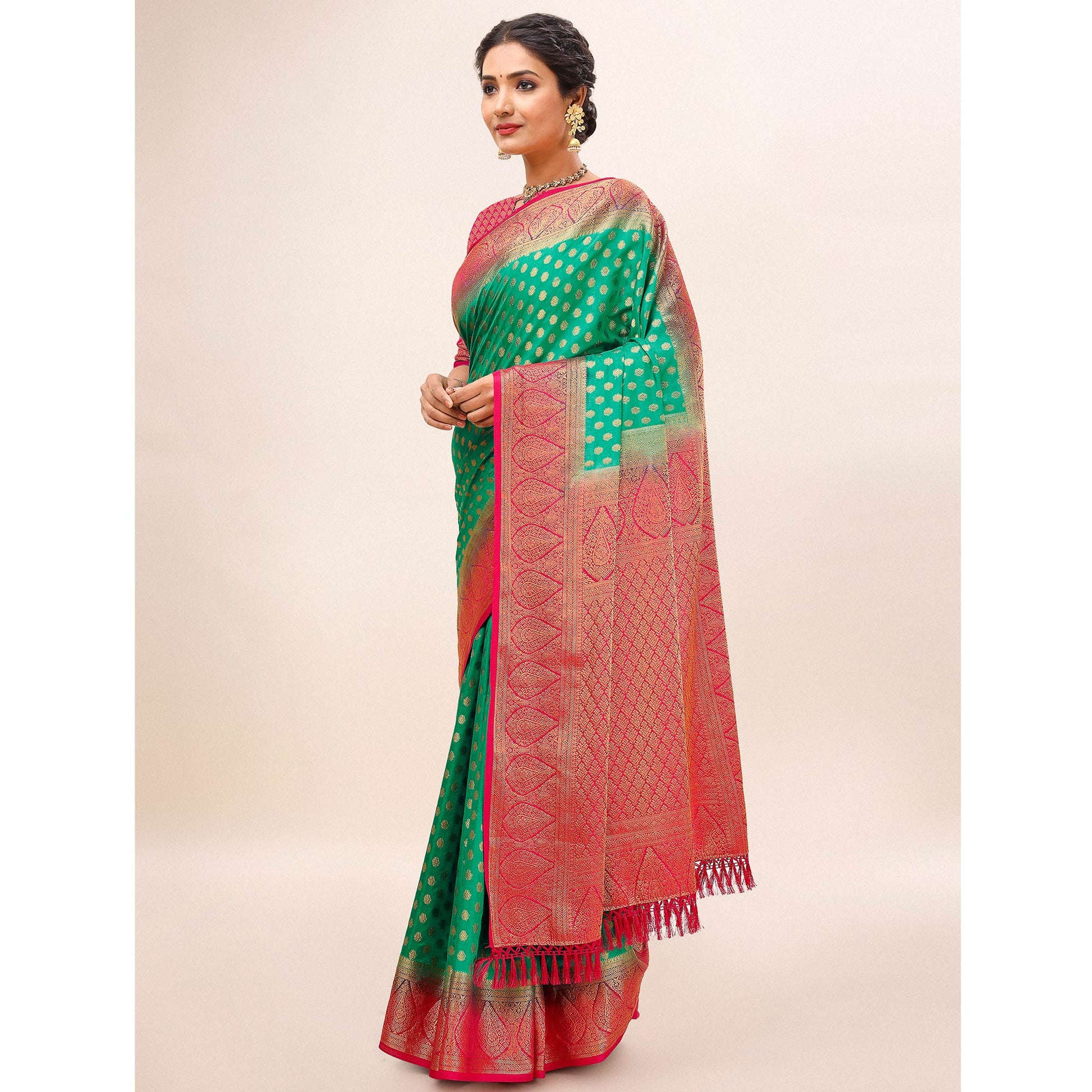 green-woven-dola-silk-saree-with-tassels