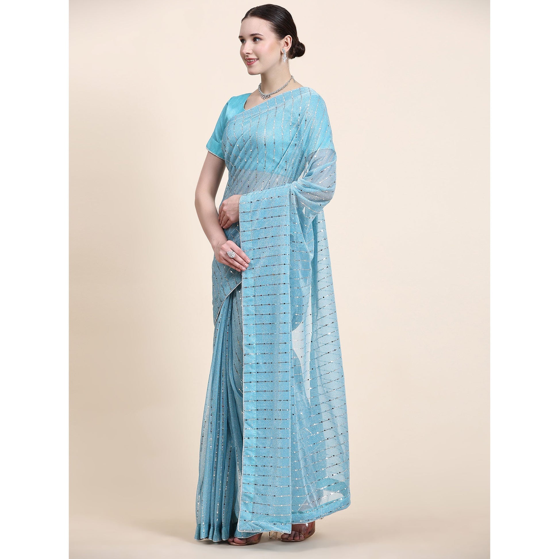 Blue Tikali Work Lycra Saree