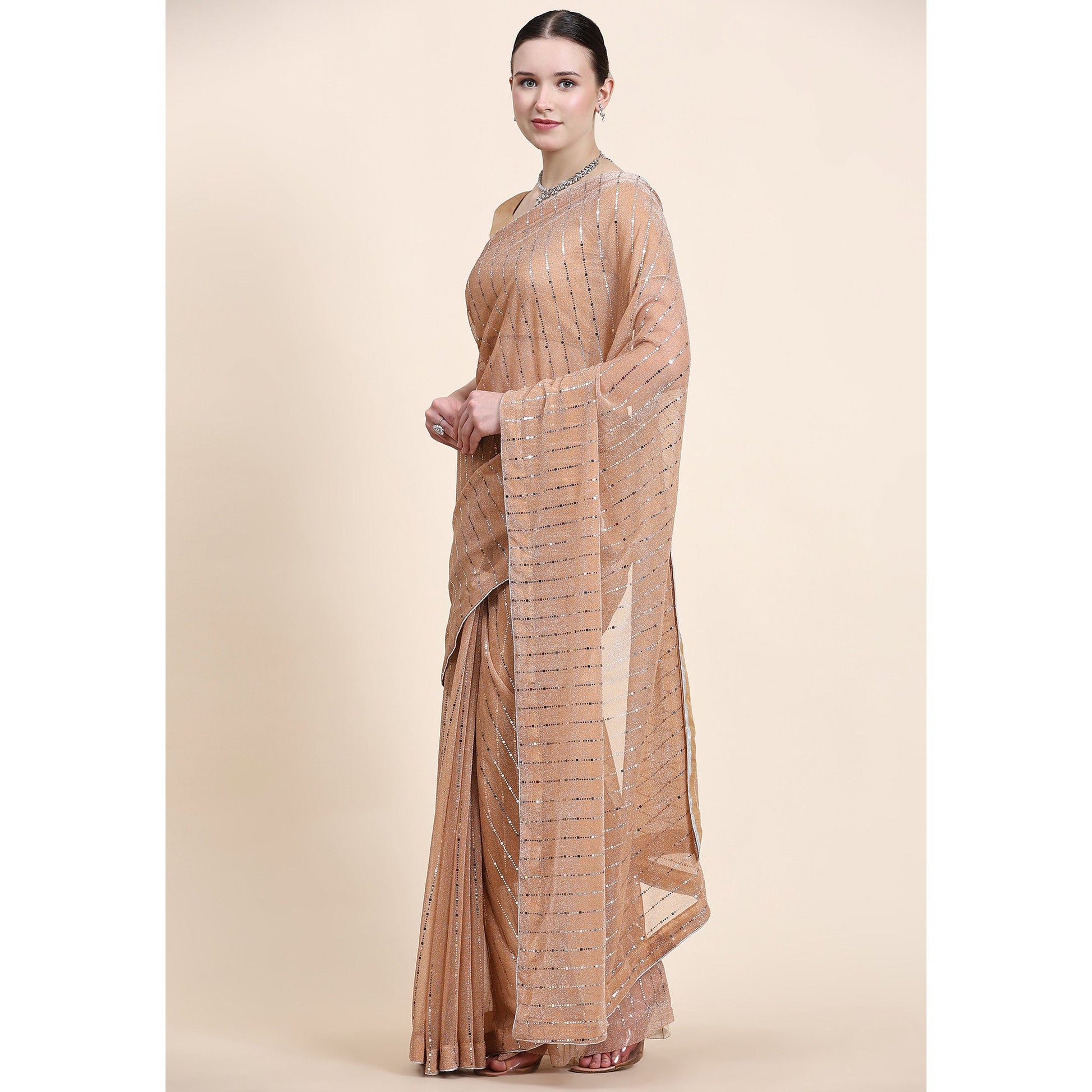 Light Peach Tikali Work Lycra Saree