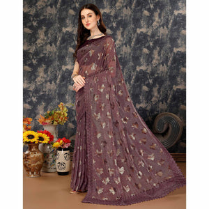 Dark Mauve Foil Printed Lycra Saree With Embroidered Lace Border