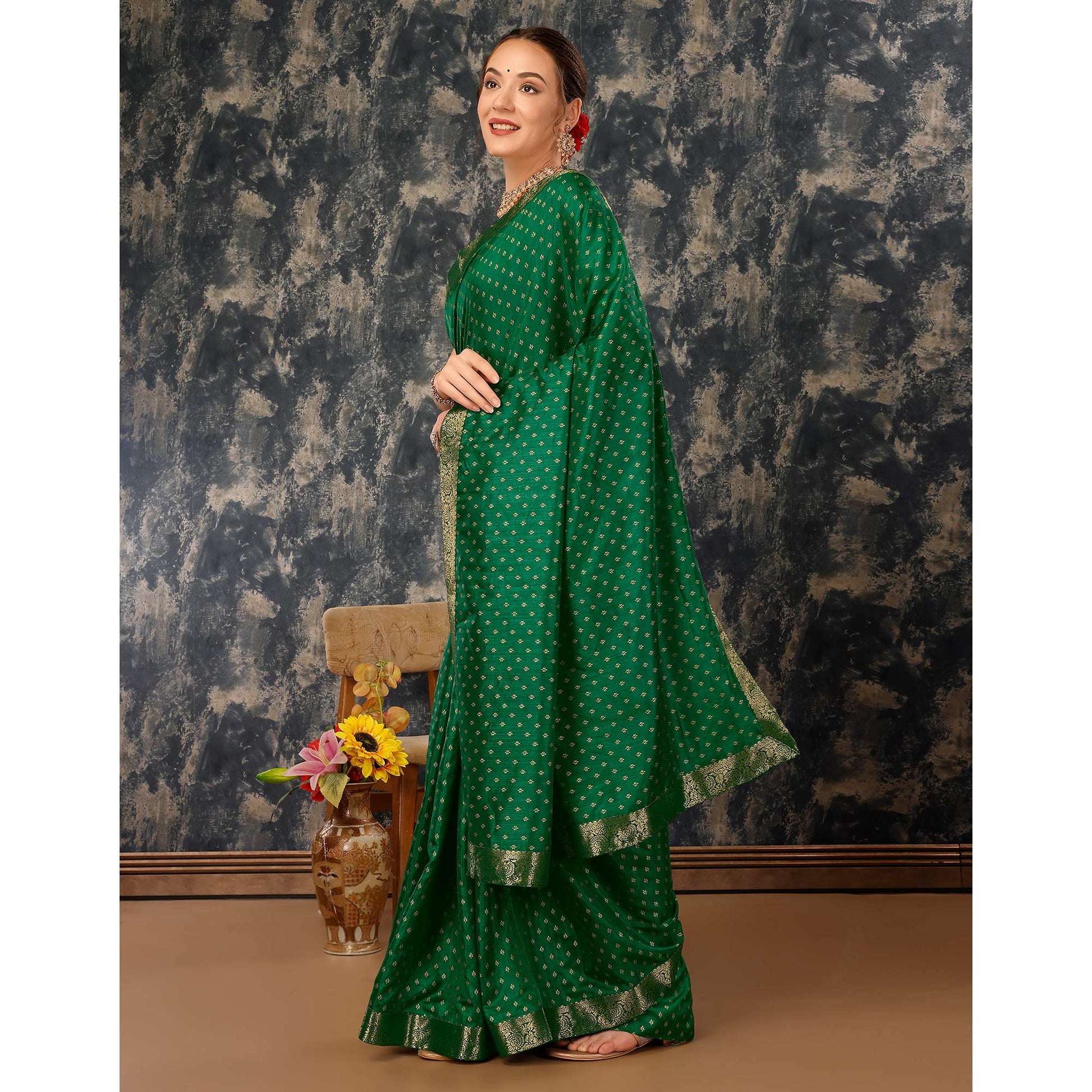 green-floral-foil-printed-vichitra-silk-saree-with-lace-border