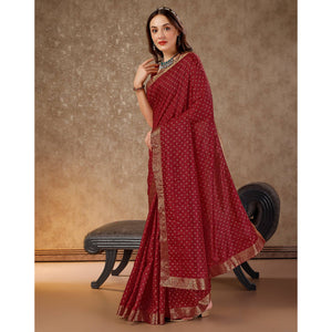 Dark Maroon Floral Foil Printed Vichitra Silk Saree With Lace Border