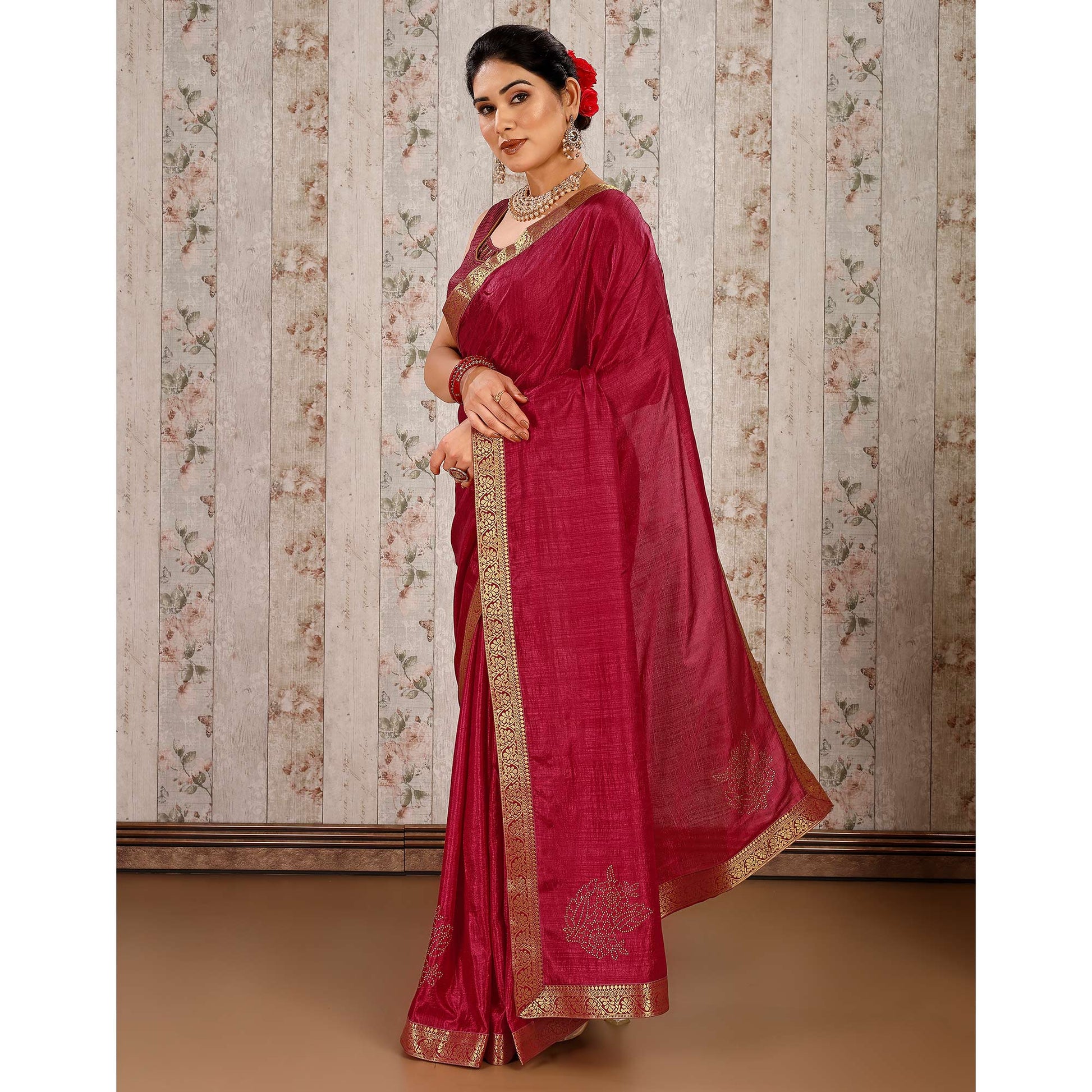Maroon Floral Swarovski Work Vichitra Silk Saree With Lace Border