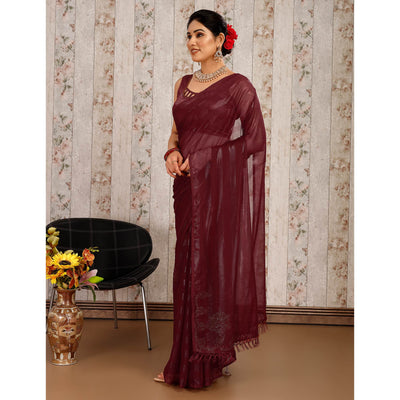 Maroon Swarovski Work Chiffon Saree With Tassels