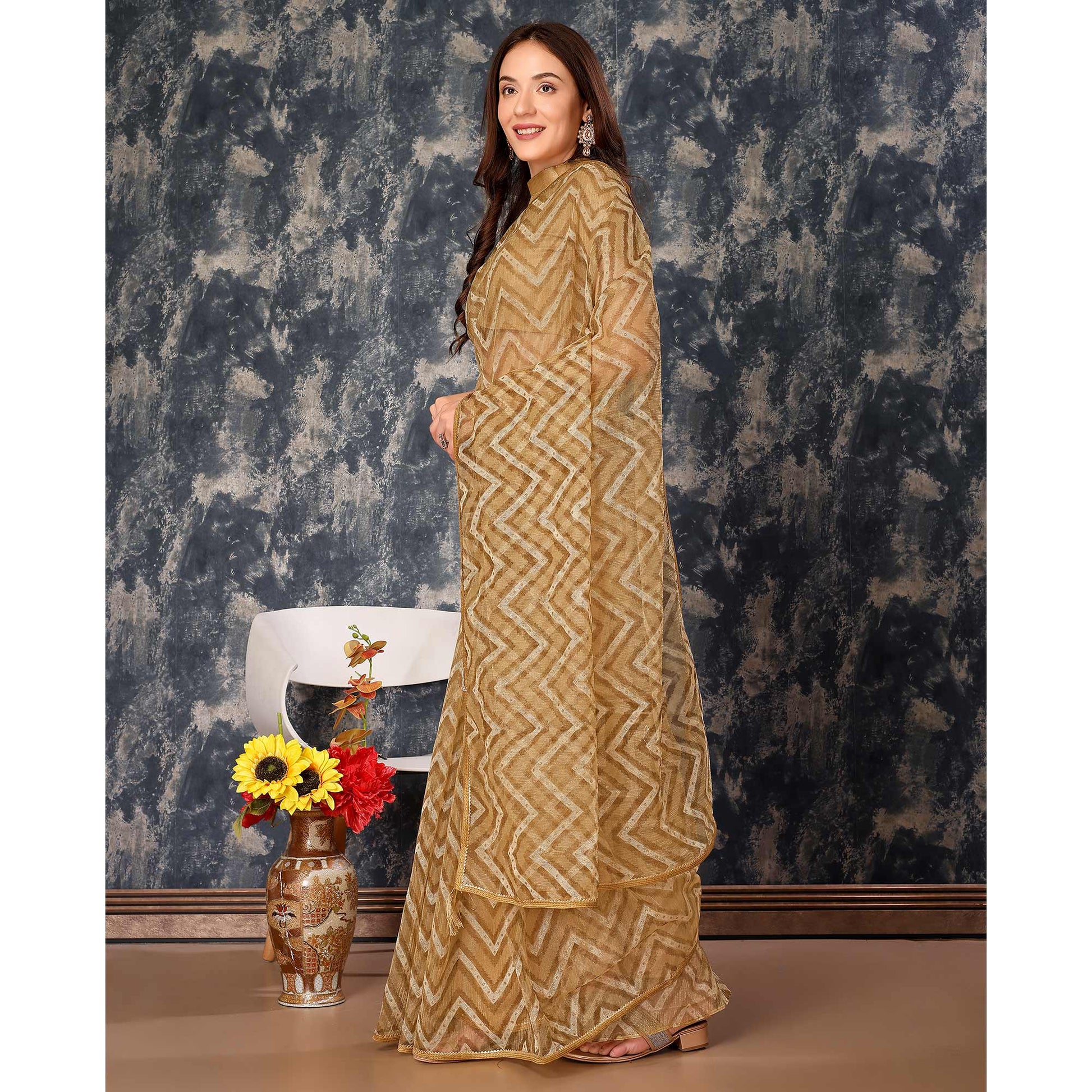 Chikoo Printed With Zari Work Cotton Silk Saree With Lace Border