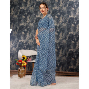 Greyish Blue Printed With Zari Work Cotton Silk Saree With Lace Border