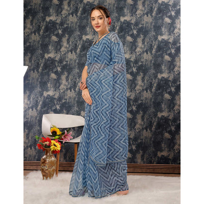Greyish Blue Printed With Zari Work Cotton Silk Saree With Lace Border