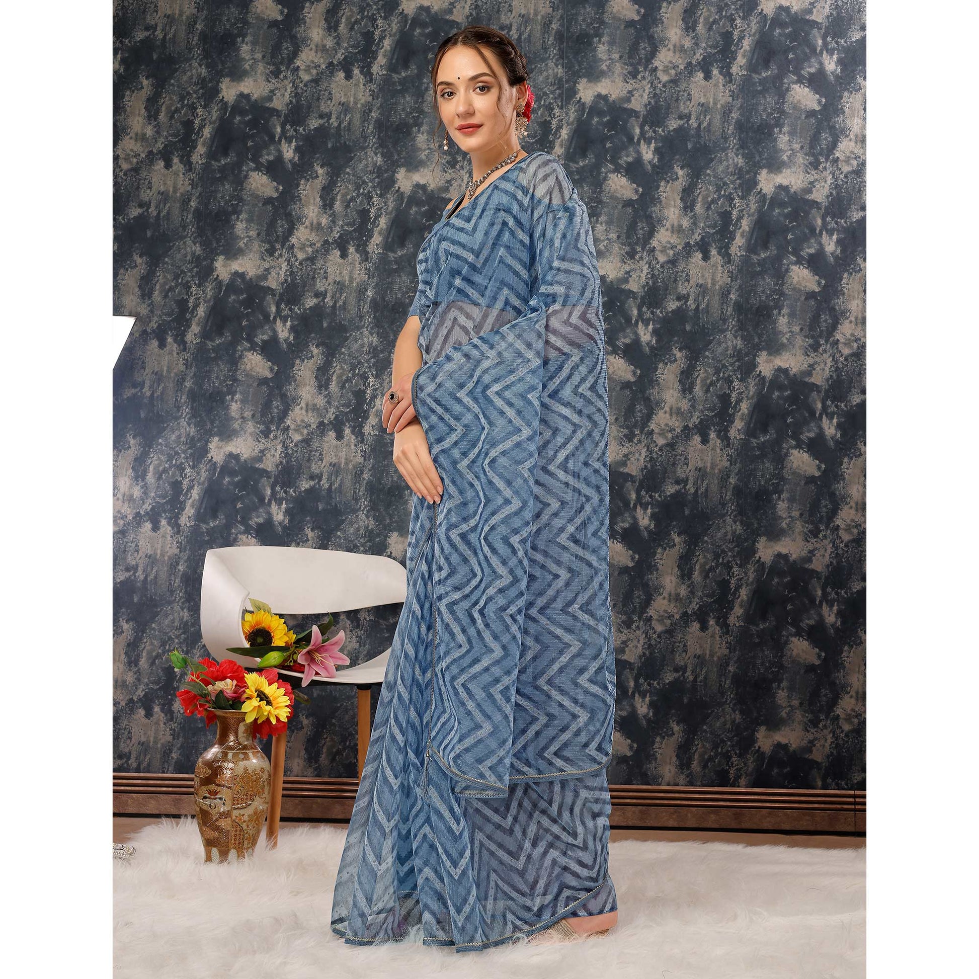 Greyish Blue Printed With Zari Work Cotton Silk Saree With Lace Border