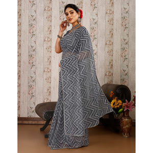Grey Printed With Zari Work Cotton Silk Saree With Lace Border