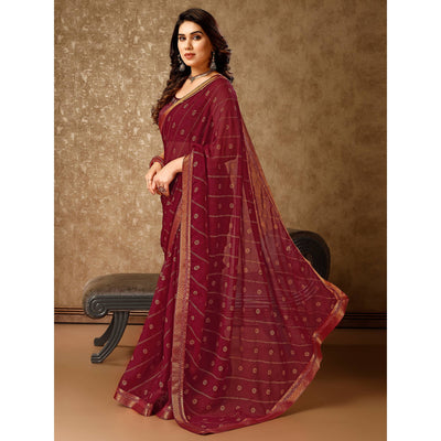 Maroon Floral Foil Printed Chiffon Saree With Lace Border